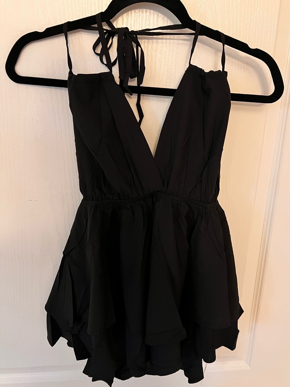 Women's Black Halter V-Neck Ruffle Top